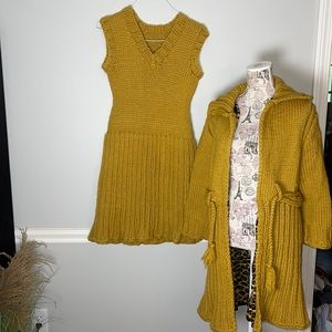 Vintage Golden Yellow Hand Crochet Sweater Dress and Coat